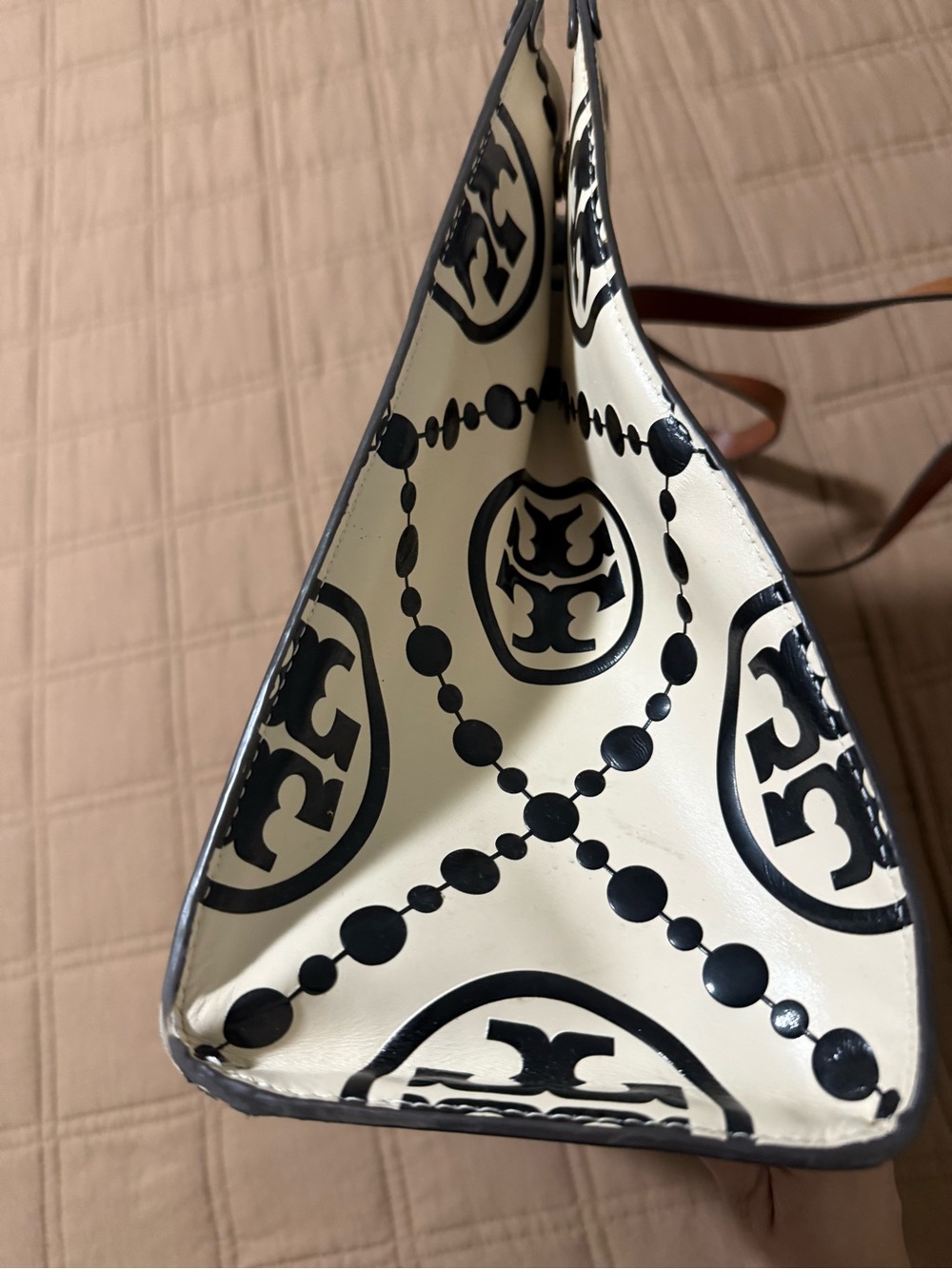 Tory Burch Cream and Black Logo Tote with Brown Straps - Picture 3 of 12